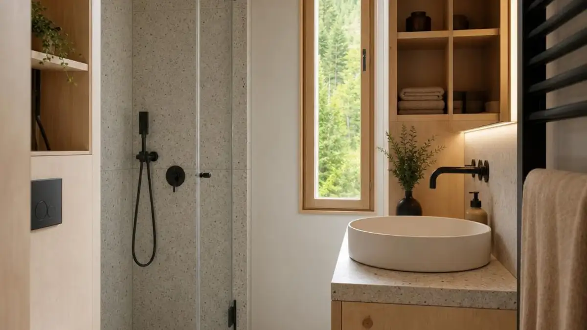 Tiny House Kosten CHF mit platzsparendem Bad aus Holz und Stein