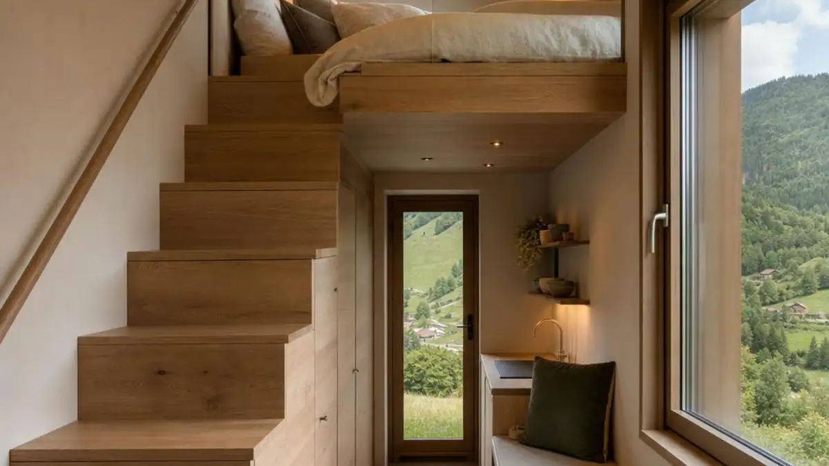Tiny House mieten Schweiz mit Schlafloft und warmem Holzinterieur