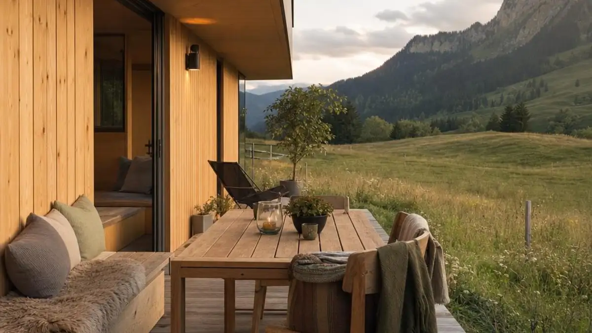 Tiny House mieten Schweiz mit geschuetzter Terrasse am Wiesenrand