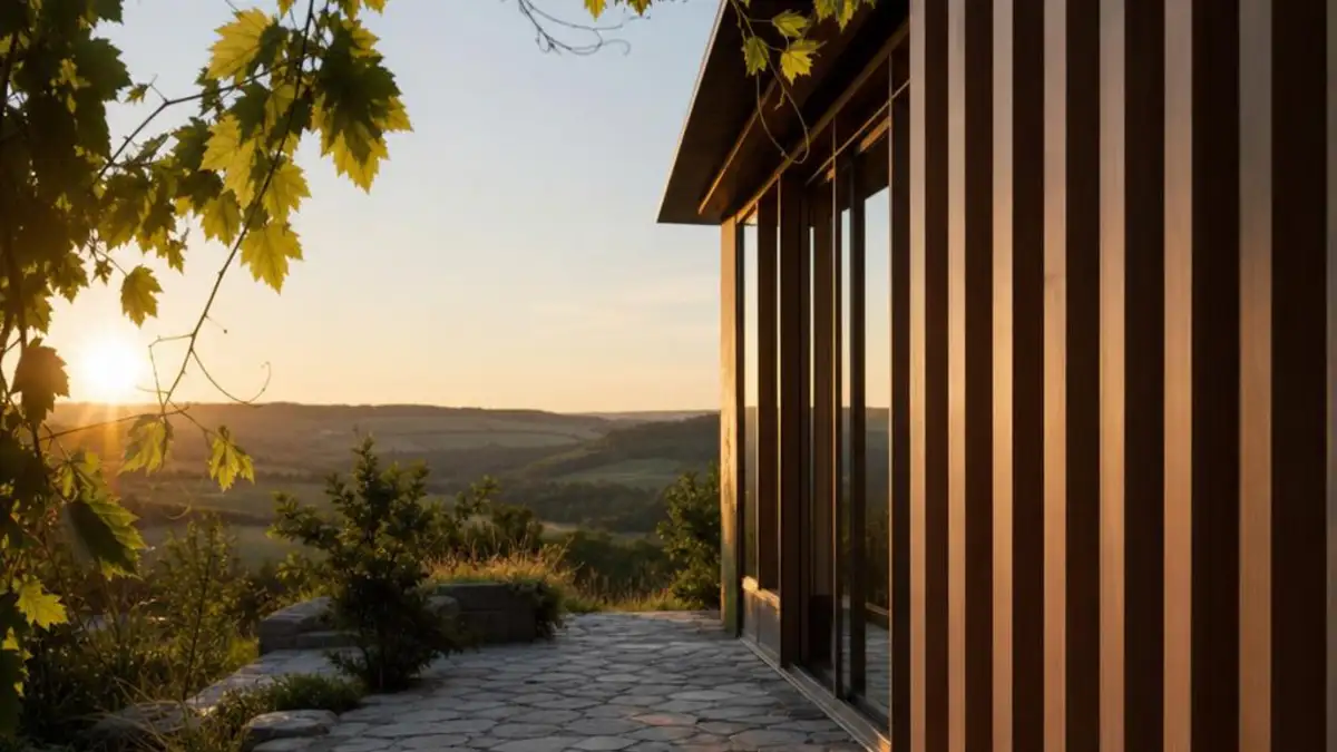 Tiny House Schaffhausen mit Holzterrasse und Weinlaub im Abendlicht