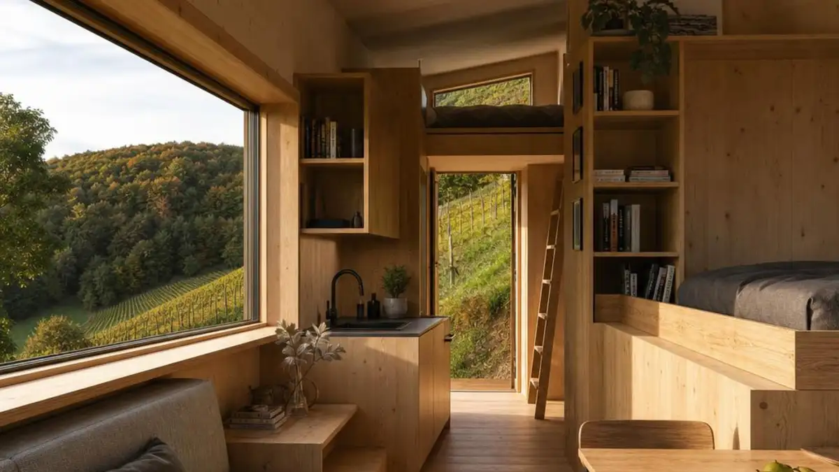 Tiny House Schaffhausen mit Holzinterieur und Blick ueber Weinreben