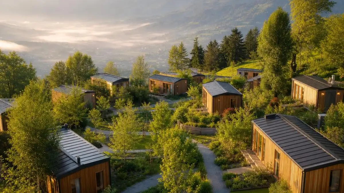 Tiny House Siedlungen Schweiz als begruenter Hangstandort mit Wegen