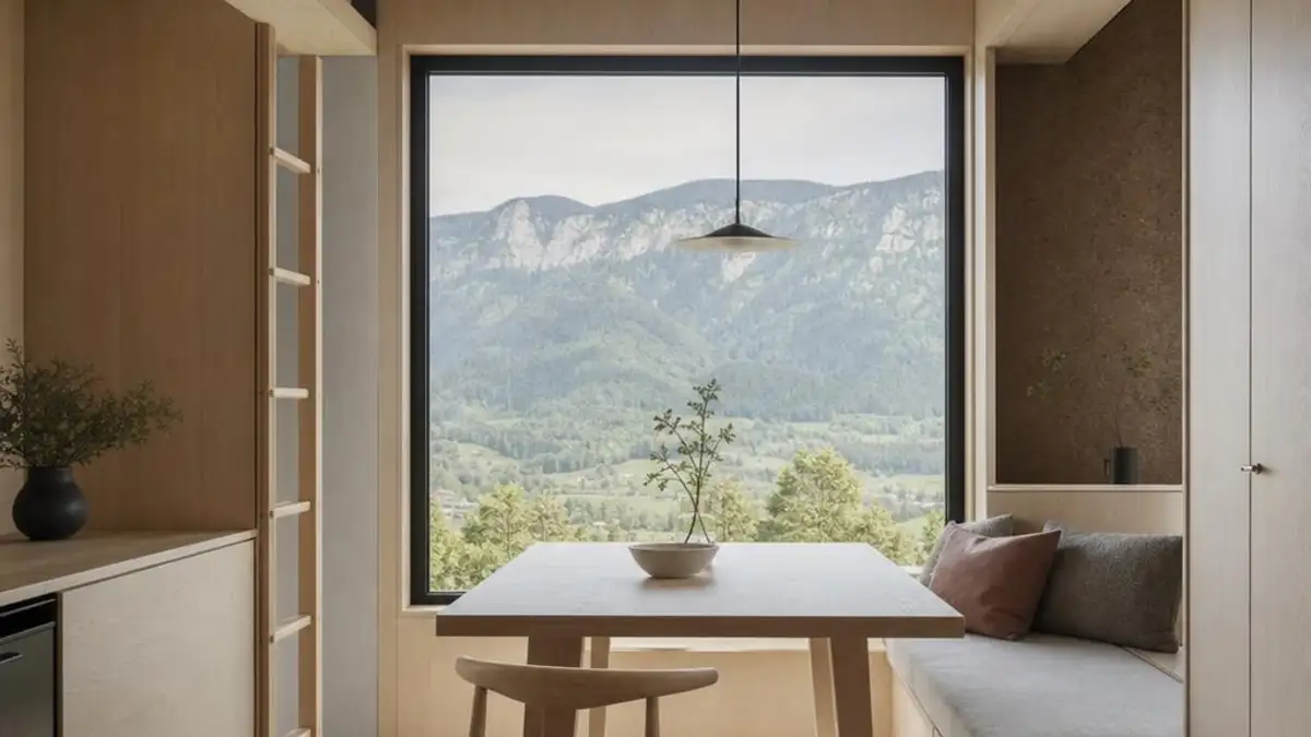Tiny House Solothurn mit heller Essecke und Blick zum Jura