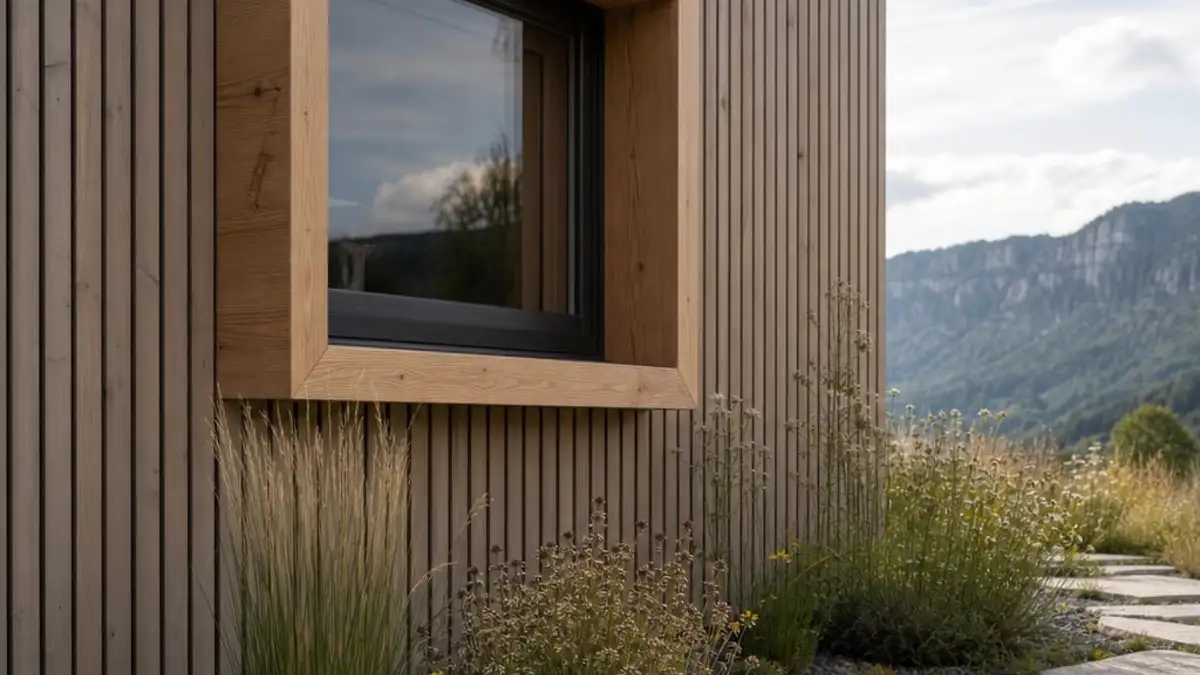 Tiny House Solothurn mit Holzfenster und Jura-Naturstein im Garten