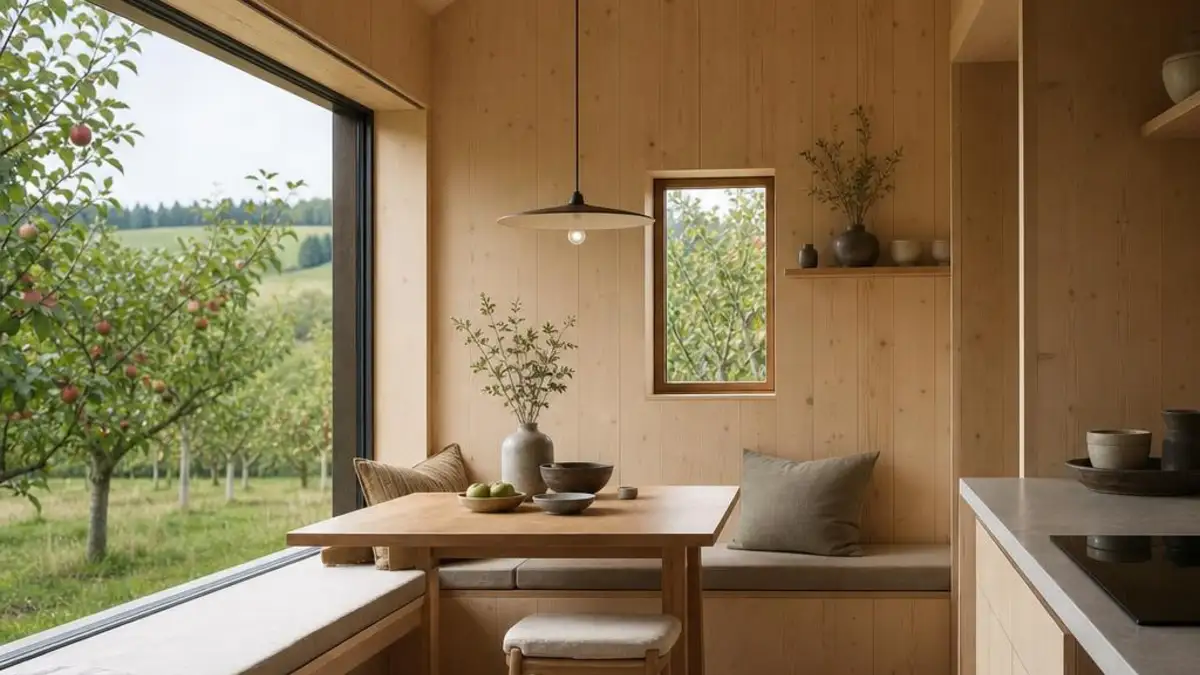 Tiny House Thurgau mit Holzinterieur und Blick in Apfelgaerten