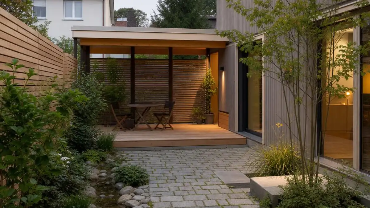 Tiny House Zuerich mit kleinem Innenhof und Regenbeet