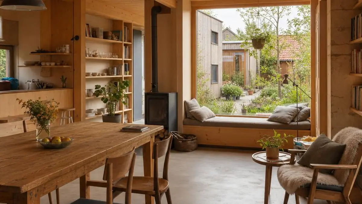 Tiny House Siedlung mit hellem Gemeinschaftsraum bei Dresden