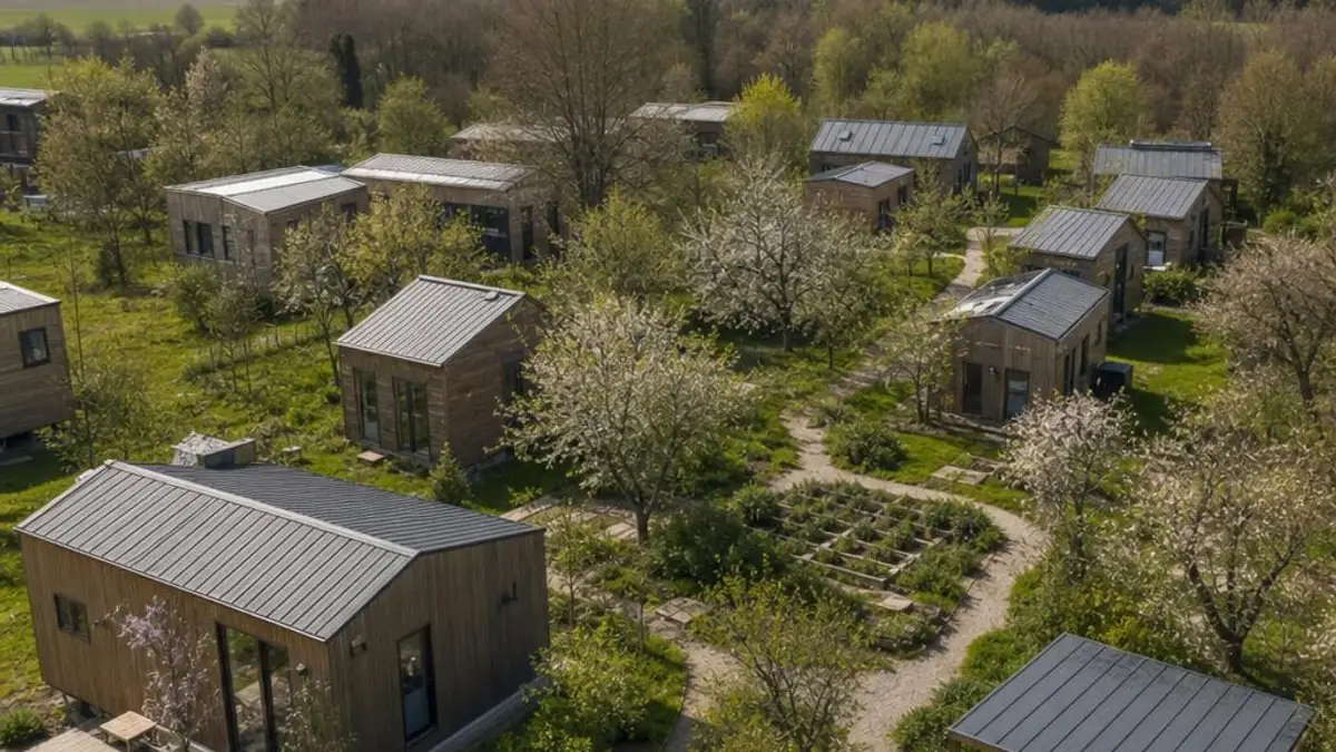 Tiny House Siedlung zwischen Obstbäumen und Fußwegen in Baden-Württemberg