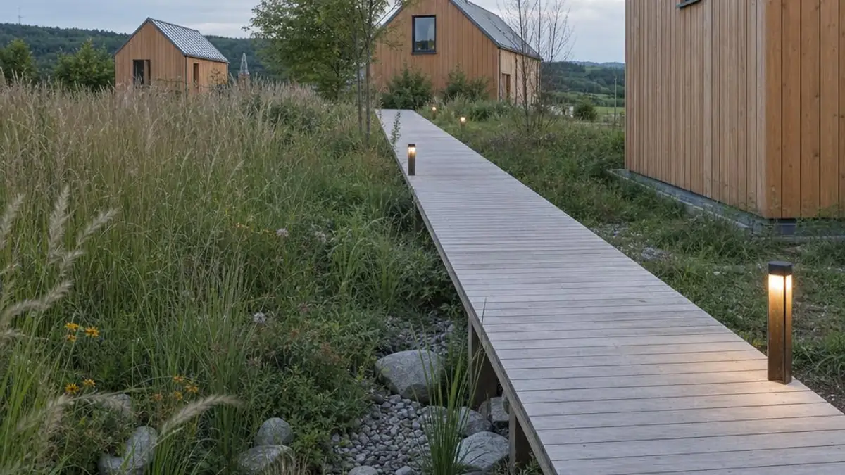 Tiny House Siedlungen und Portfolio mit gemeinschaftlichen Wegen am See