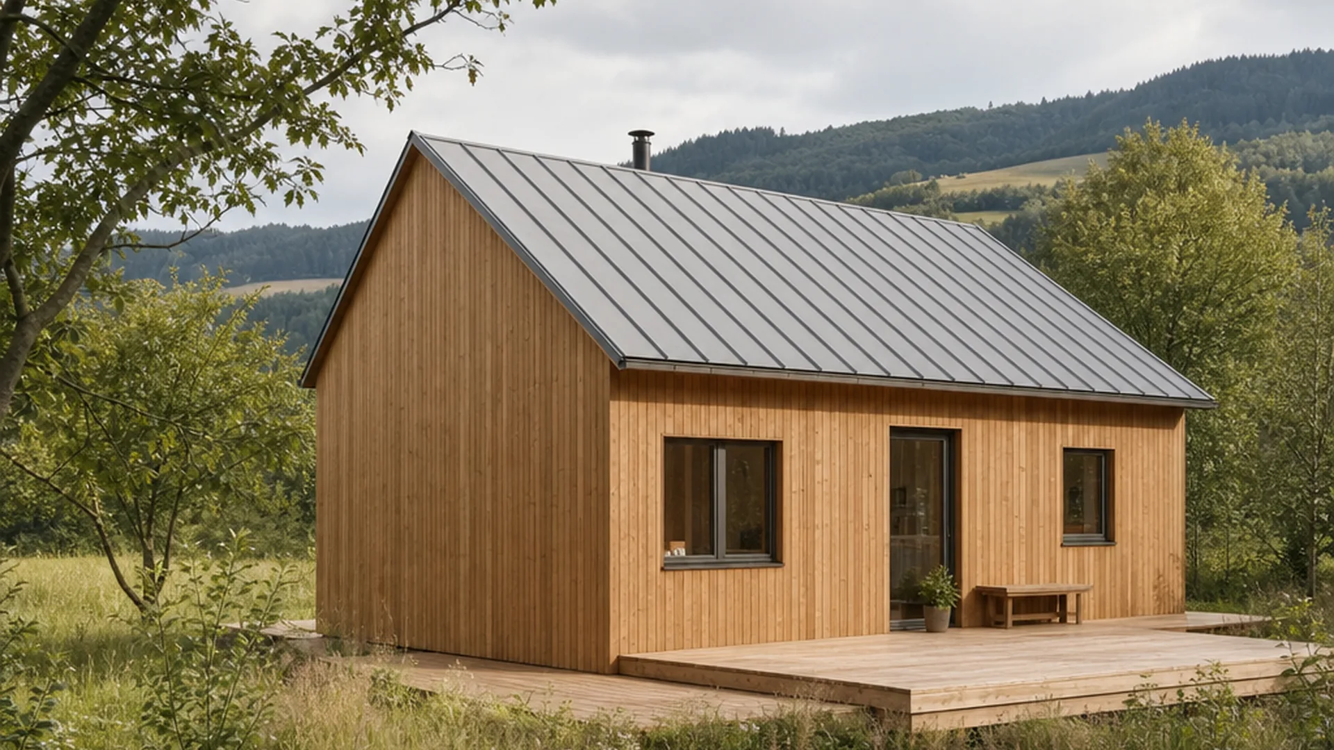 Tiny-House-Standort in Deutschland mit heller Holzfassade und Terrasse im Abendlicht