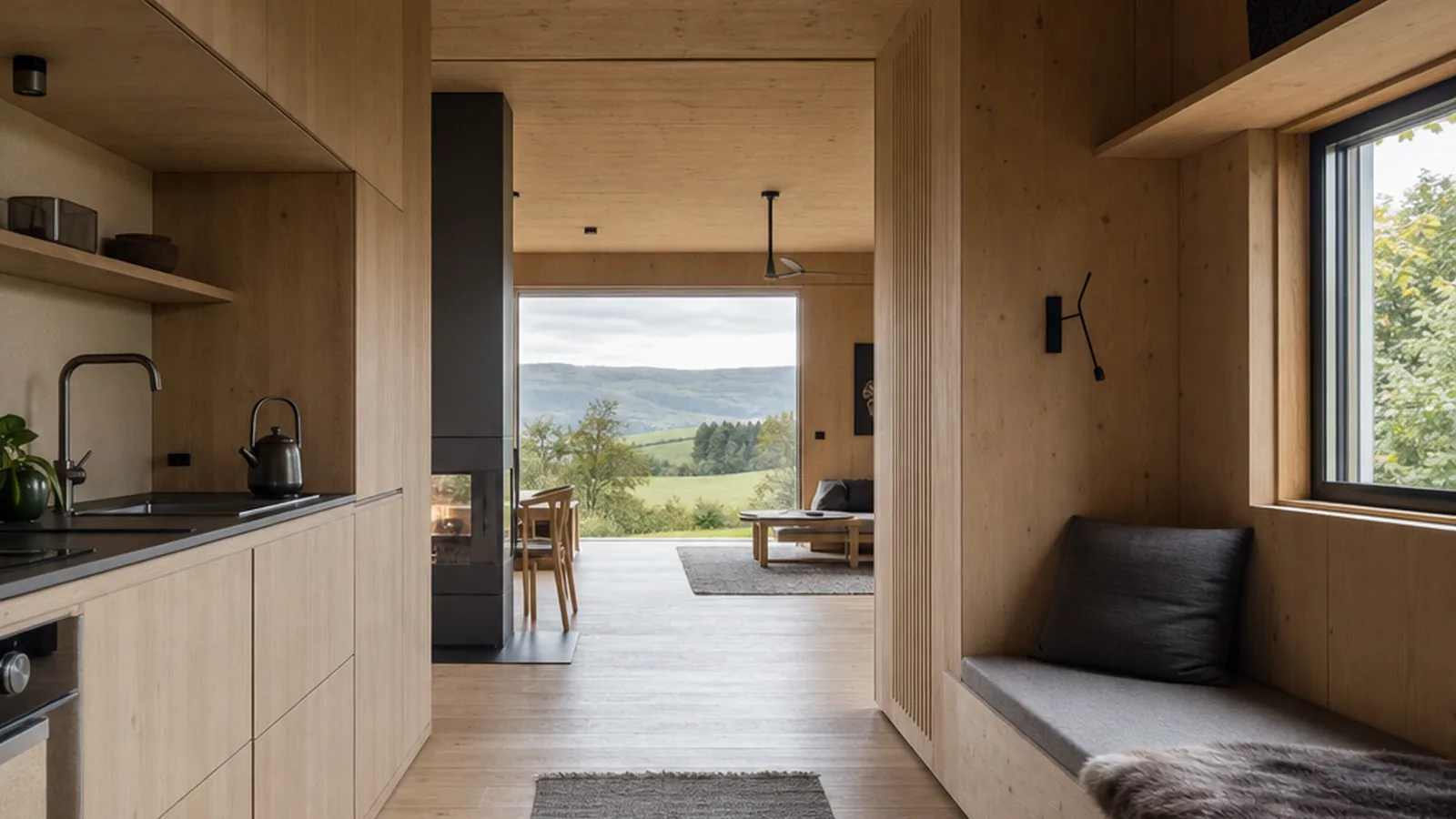 Tiny-House-Standort in Deutschland mit heller Küche und Holzdetails im kompakten Innenraum