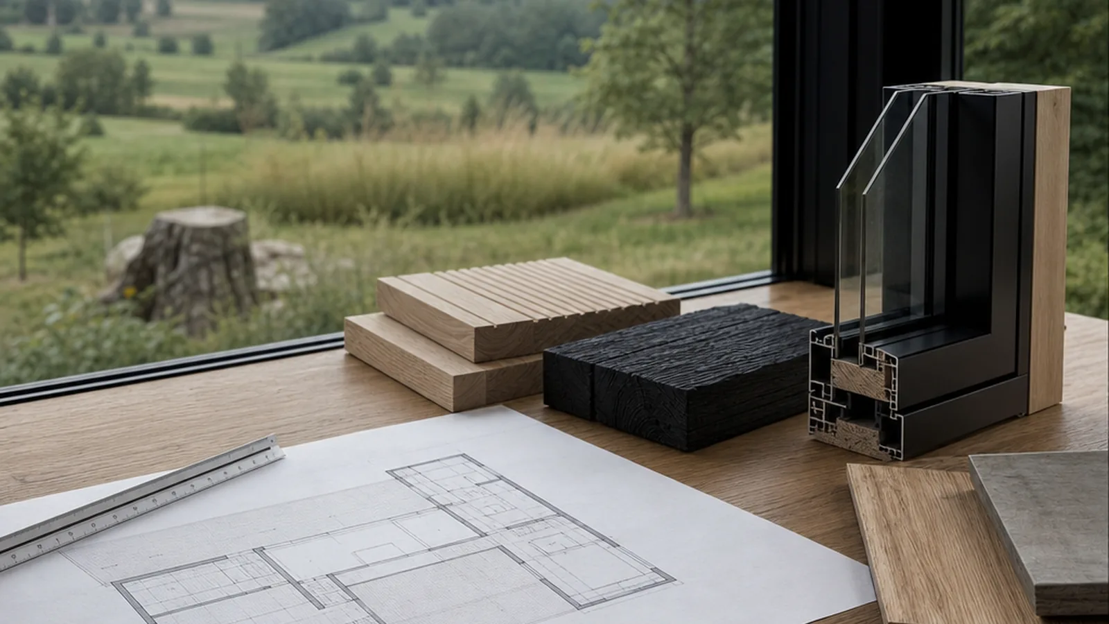 Tiny-House-Standort in Deutschland mit Bauplan und Materialmustern auf dem Planungstisch