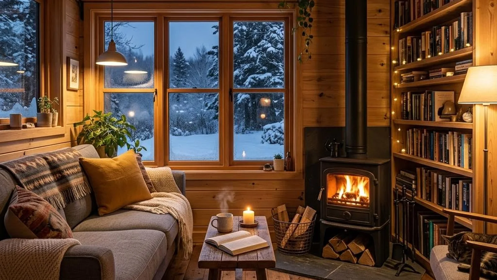 Tiny House zum Kaufen in Deutschland mit Holzofen, Sofa und Bücherregal an einem Winterabend
