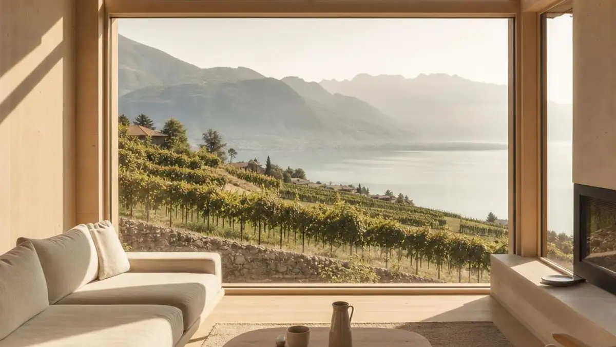 Interieur de tiny house suisse avec salon en chene et vue lac