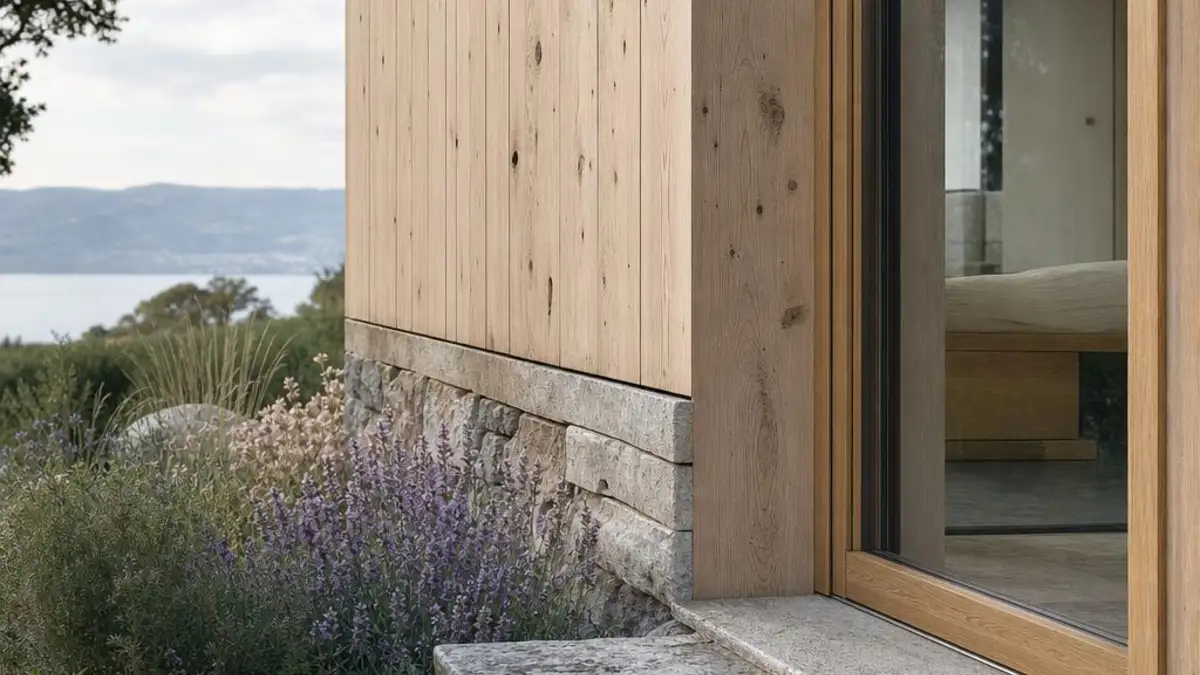 Detail de seuil pour une tiny house en Suisse romande entre pierre et prairie