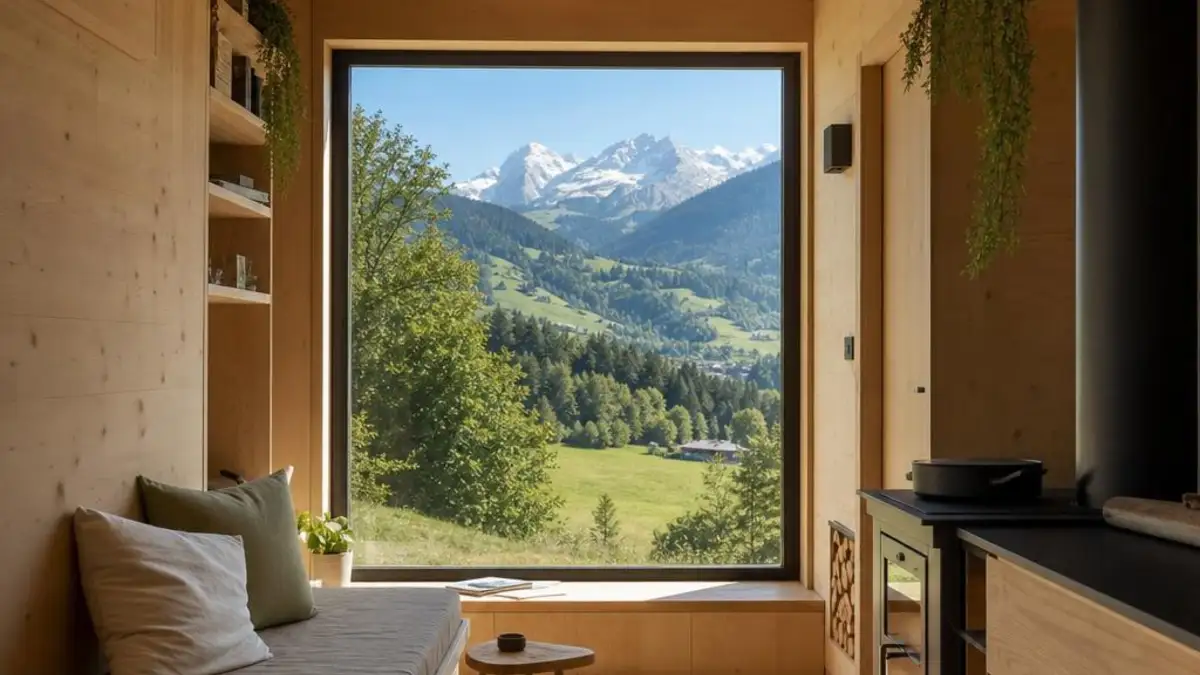Swiss tiny house interior with warm timber living room and mountain outlook