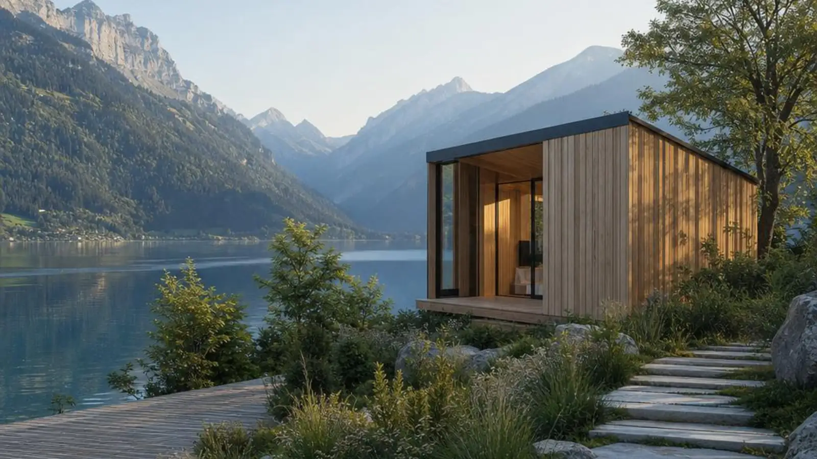 Tiny house Switzerland concept beside an alpine lake with timber facade