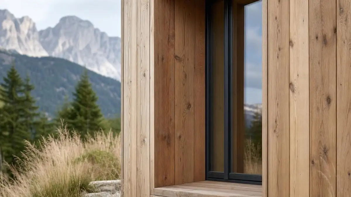 Swiss tiny house facade detail with stone threshold and native grasses