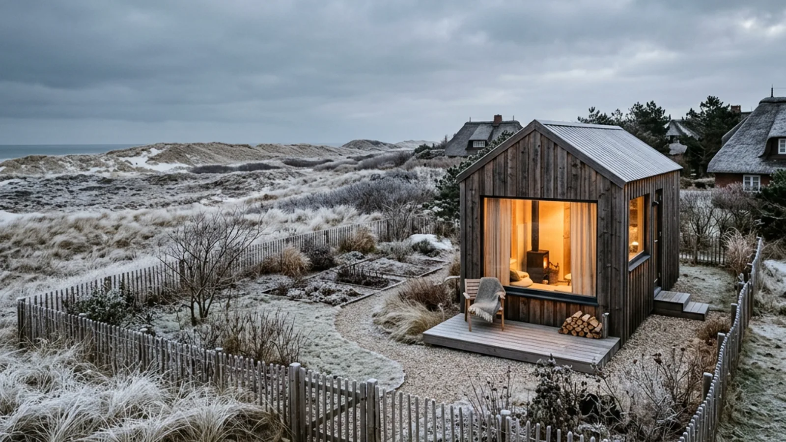 Tiny House auf Sylt mit warmen Fenstern und Raureif im winterlichen Küstengarten