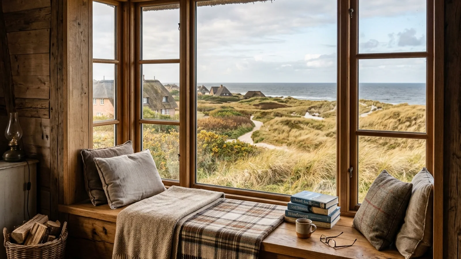 Tiny House auf Sylt mit heller Fenstersitzbank und Blick über Dünengras zur Nordsee