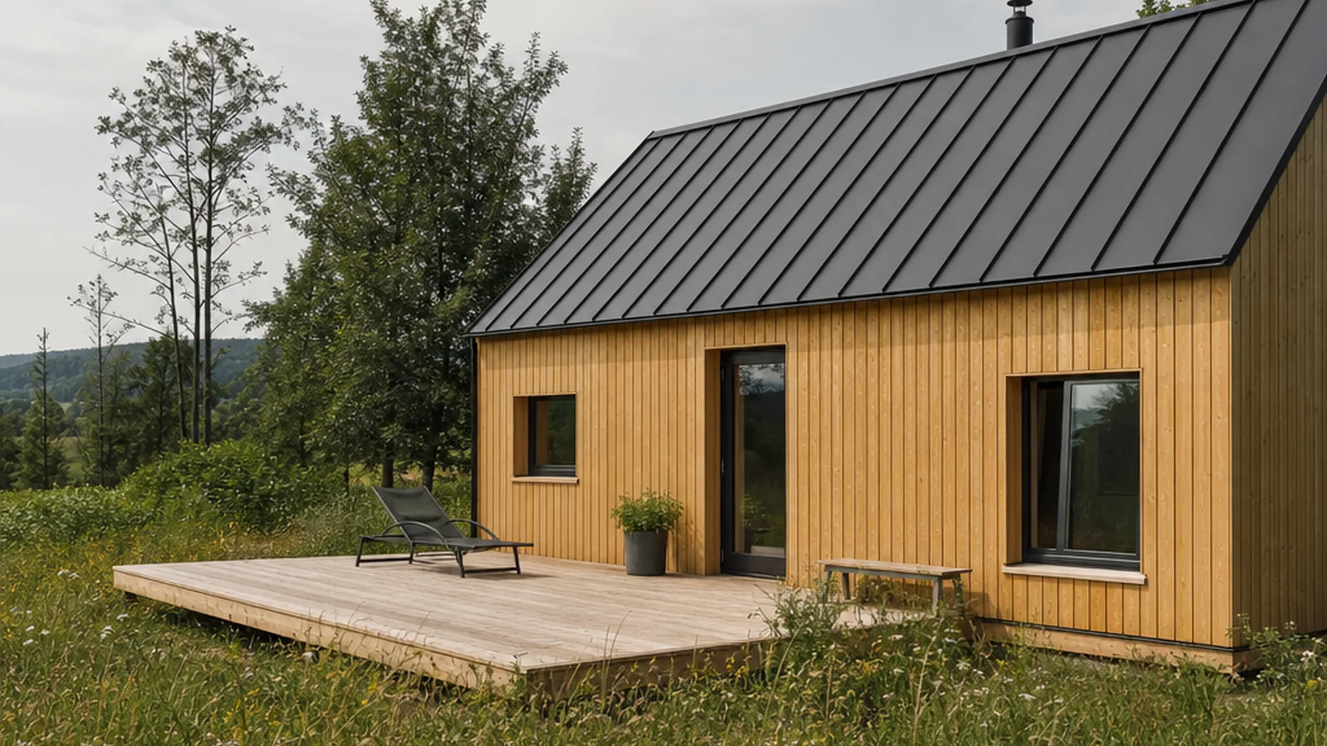 Tiny House unter 60.000 Euro mit heller Holzfassade und Terrasse im Abendlicht
