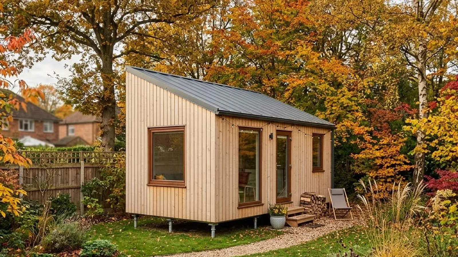 Tiny House unter 60.000 Euro mit kompaktem Modell auf Streifenfundament im herbstlichen Garten