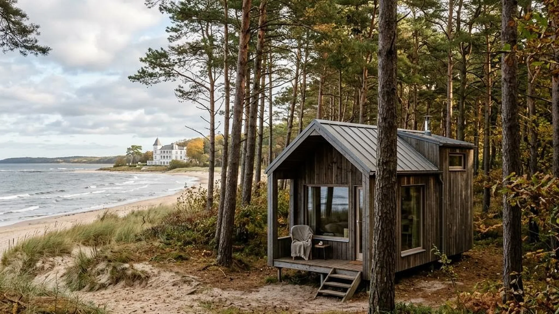 Tiny House auf Usedom mit Holzfassade im Küstenkiefernwald hinter dem Strand