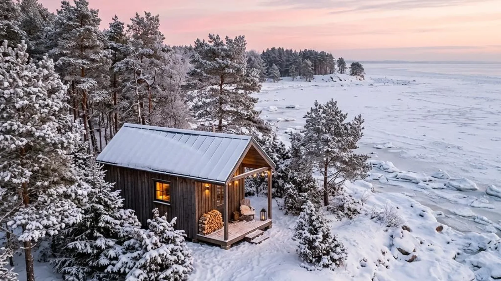 Tiny House auf Usedom mit verschneiten Kiefern in der rosafarbenen Winterdämmerung