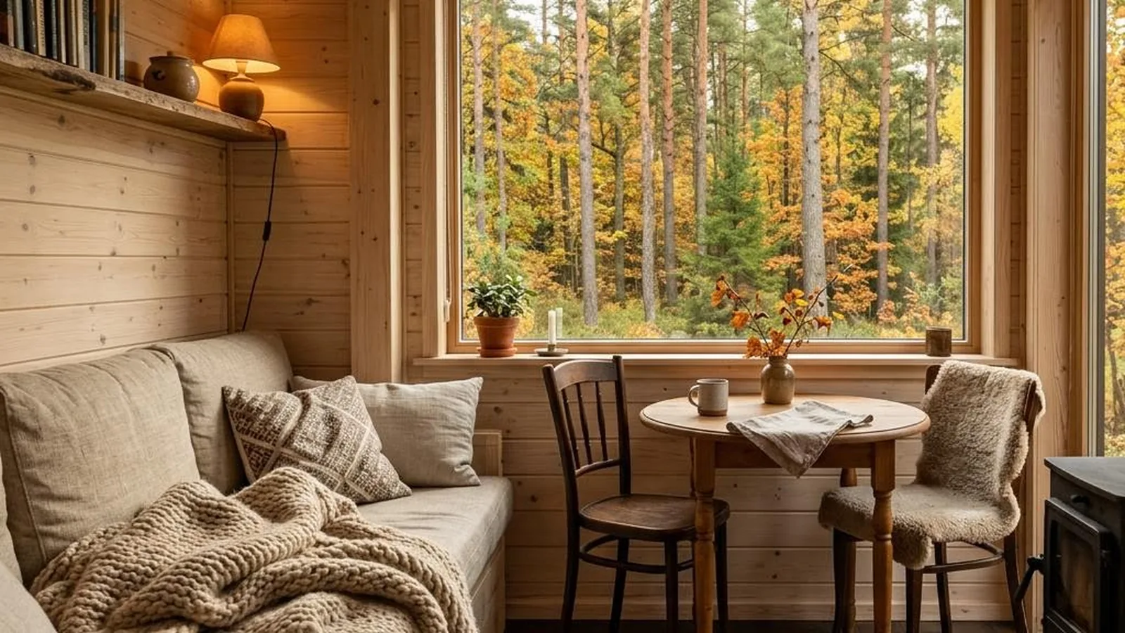 Tiny House auf Usedom mit gemütlichem Wohnbereich und Blick in den Kiefernwald