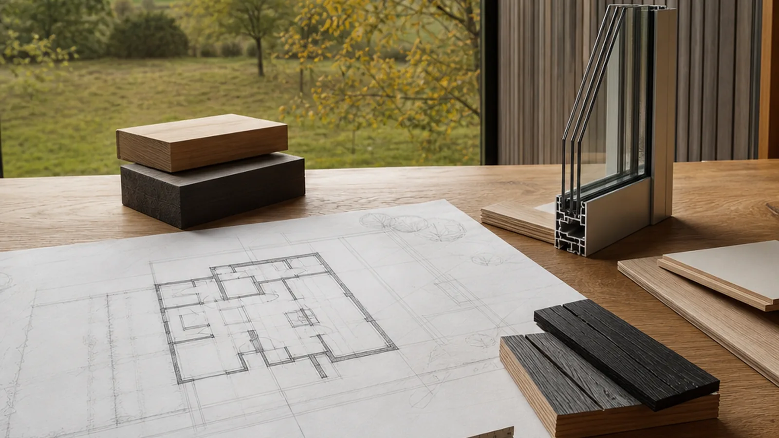 Tiny Haus als Wohnform mit Bauplan und Materialmustern auf dem Planungstisch