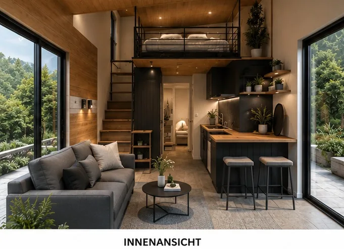 Offenes Wohnkonzept in einem individuell geplanten Tiny House mit freier Blickachse
