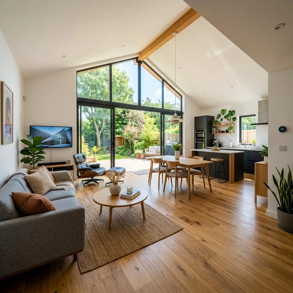 Kleines Haus Grundriss mit offenem Wohnbereich, Küche und großen Fenstern