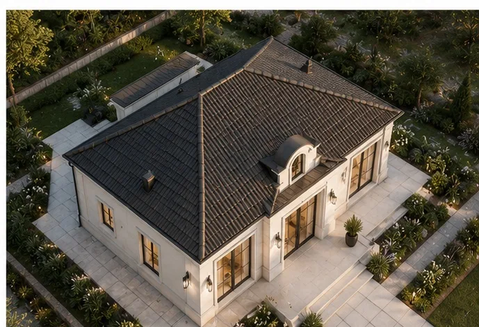 Dakaanzicht van een luxueus tiny house met lichte natuursteen, edel donker schilddak en klassiek-moderne architectuur