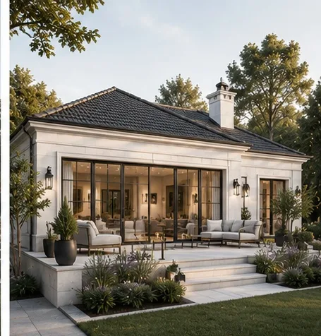 Luxueus tiny house van lichte natuursteen met groot terras, glaspui en klassiek-modern design in achteraanzicht