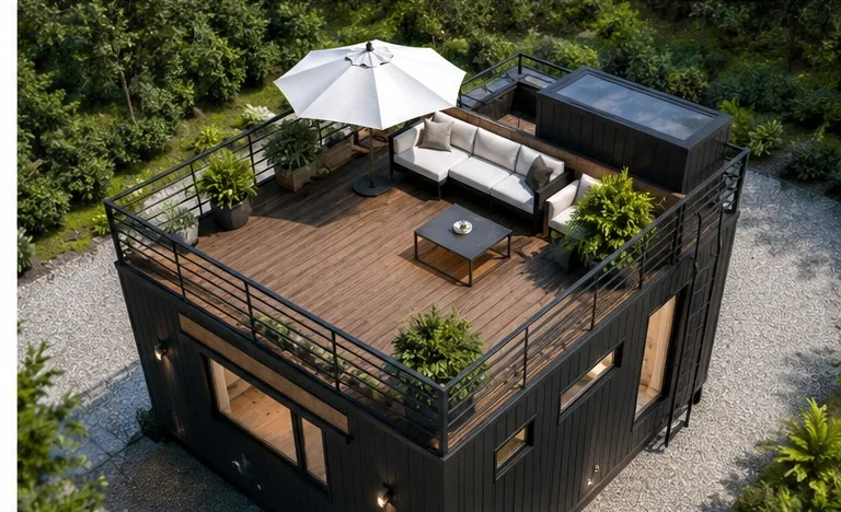 Dachterrasse eines Tiny Houses mit Lounge-Bereich aus der Vogelperspektive