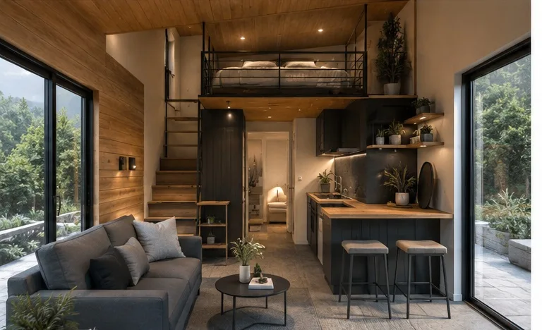 Interior view of a modern tiny house with a roof terrace, open living area, loft bed, wooden ceiling and compact design kitchen