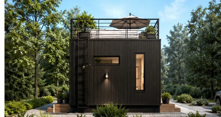 Seitenansicht eines Tiny Houses mit Dachterrasse und integriertem Geländer