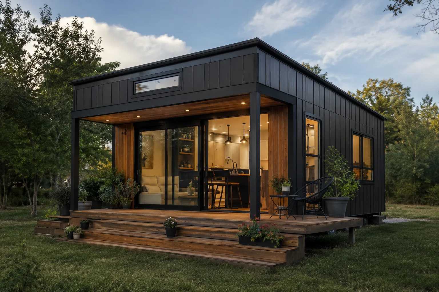 Stationäres Minihaus Atelier Plus mit Flachdach und Panoramaterrasse
