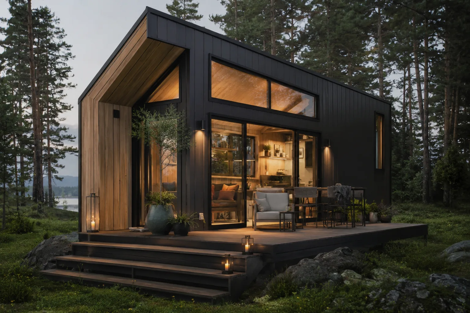 Premium Tiny House Panorama XL mit raumhoher Glasfront am Abend