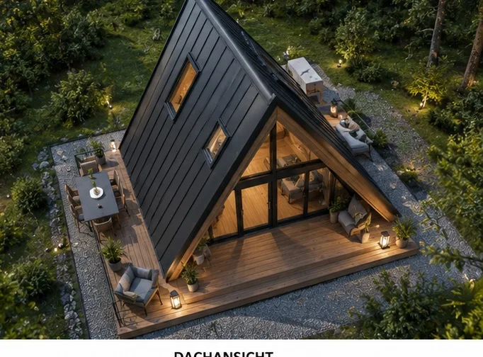 Dachansicht eines modernen A-Frame Tiny House mit schwarzem Dach, Glasfront und Waldterrasse