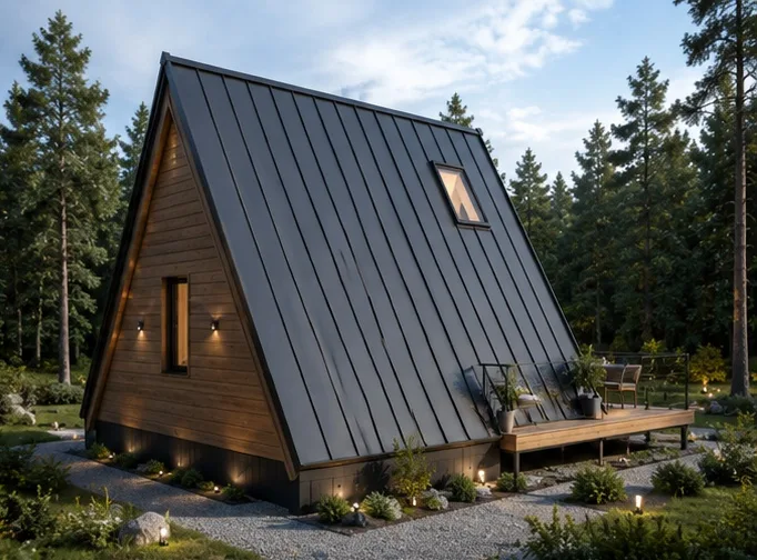 Tiny House A-Frame in Seitenansicht mit steilem schwarzem Dach, Holzfassade und Terrasse im Wald
