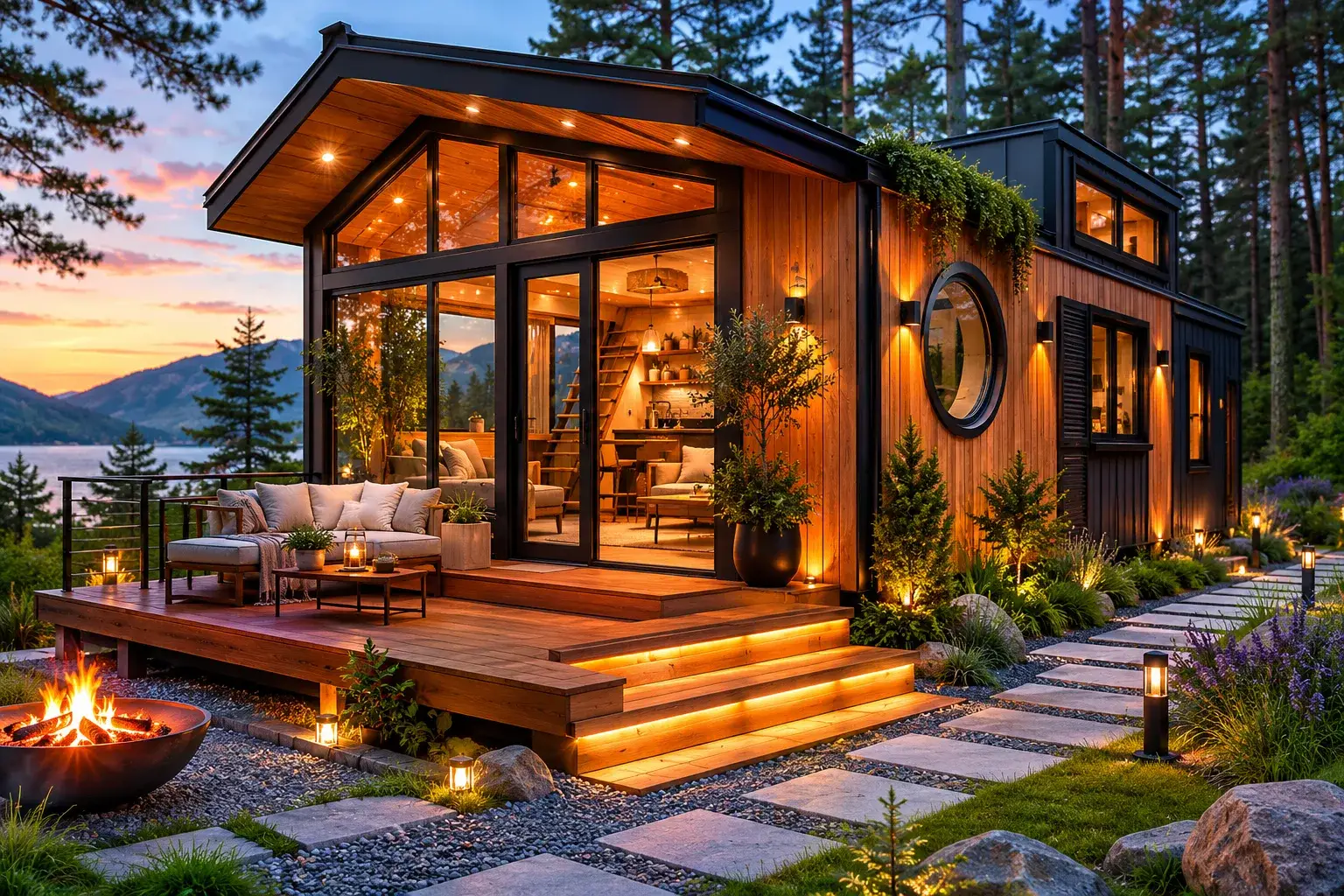 Gemietetes Tiny House im Urlaub mit Feuerstelle am Abend