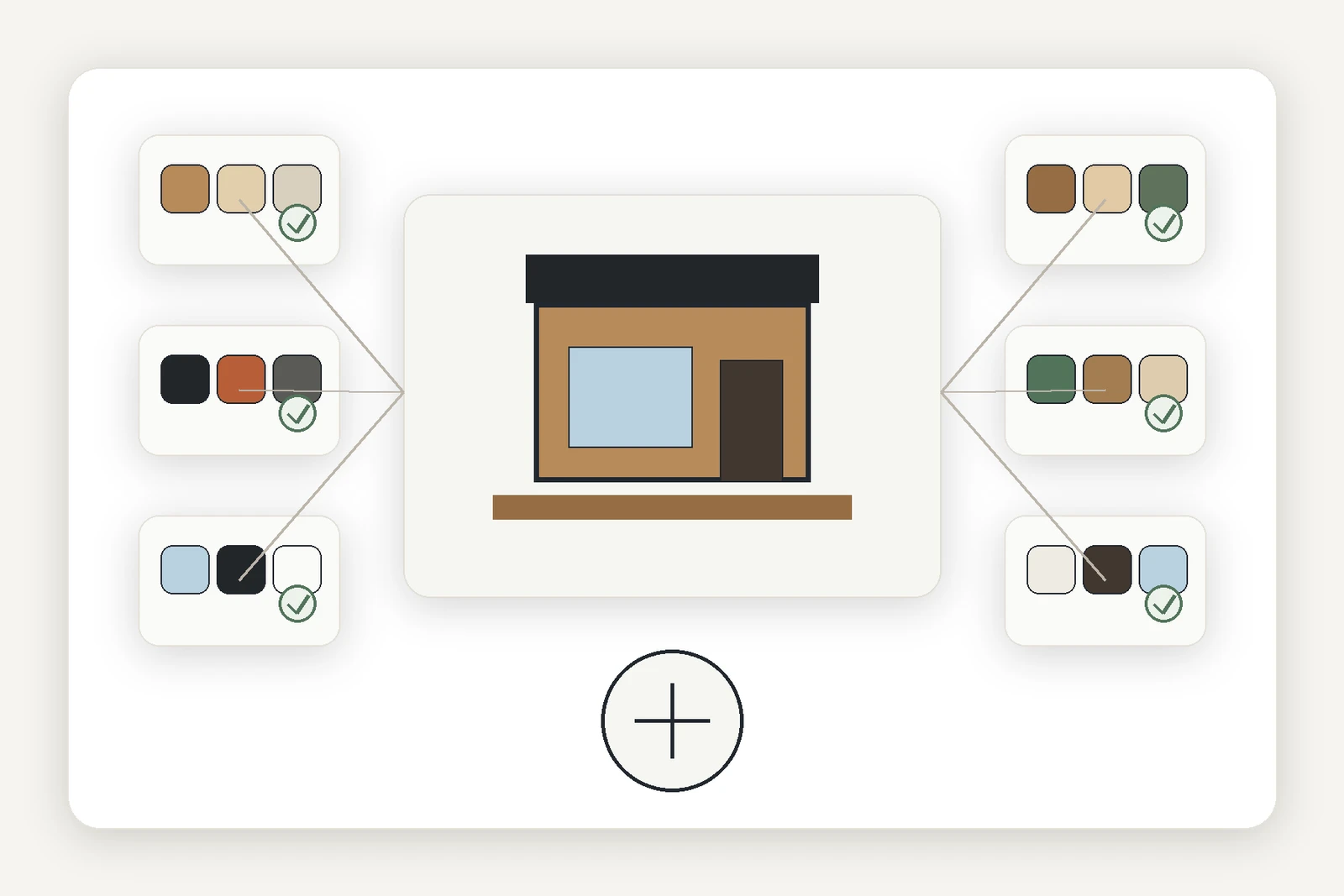 Grafik für individuell gestaltbares Tiny House mit Auswahl von Materialien, Farben, Dach, Fenstern, Terrasse und Ausstattung