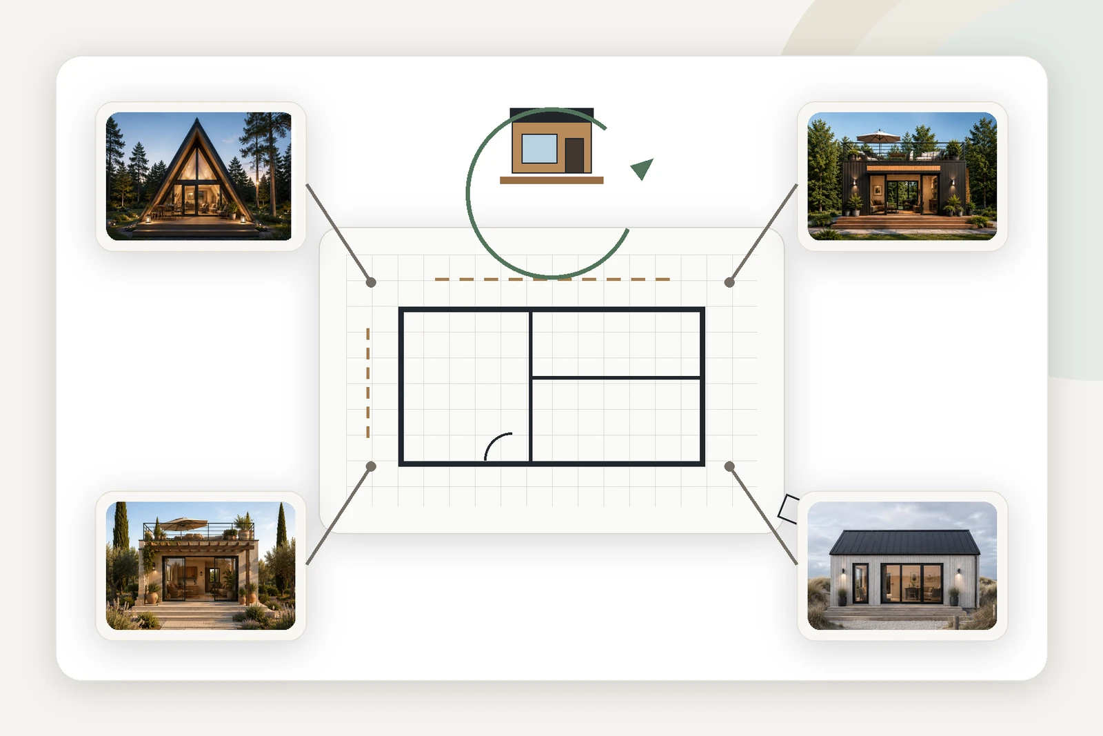 Grafik für individuelle Tiny-House-Planung mit frei wählbarem Design, Grundriss und verschiedenen Hausstilen