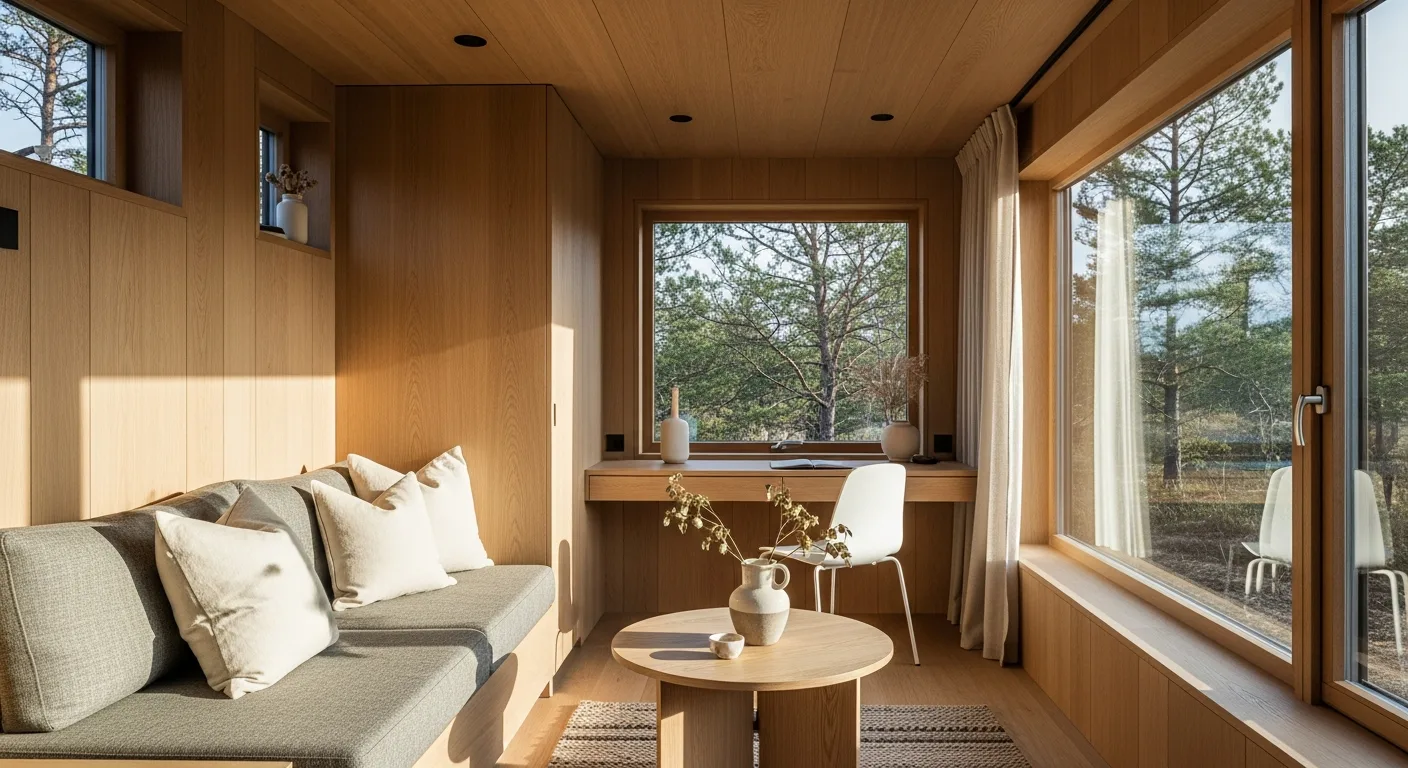 Heller, aufgeräumter Innenraum eines Tiny House nach dem gelungenen Umzug auf kleine Fläche