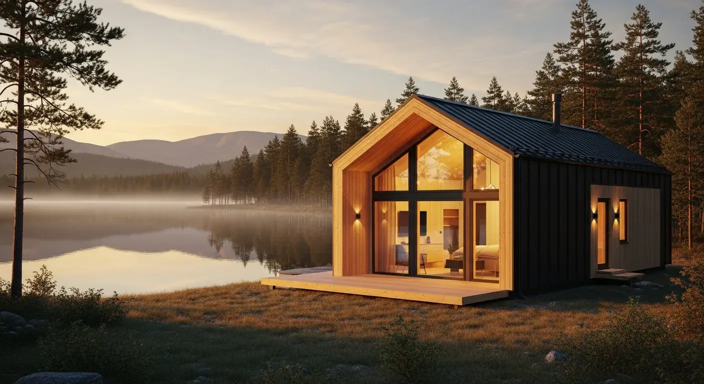 Premium tiny house by the lake at warm evening light