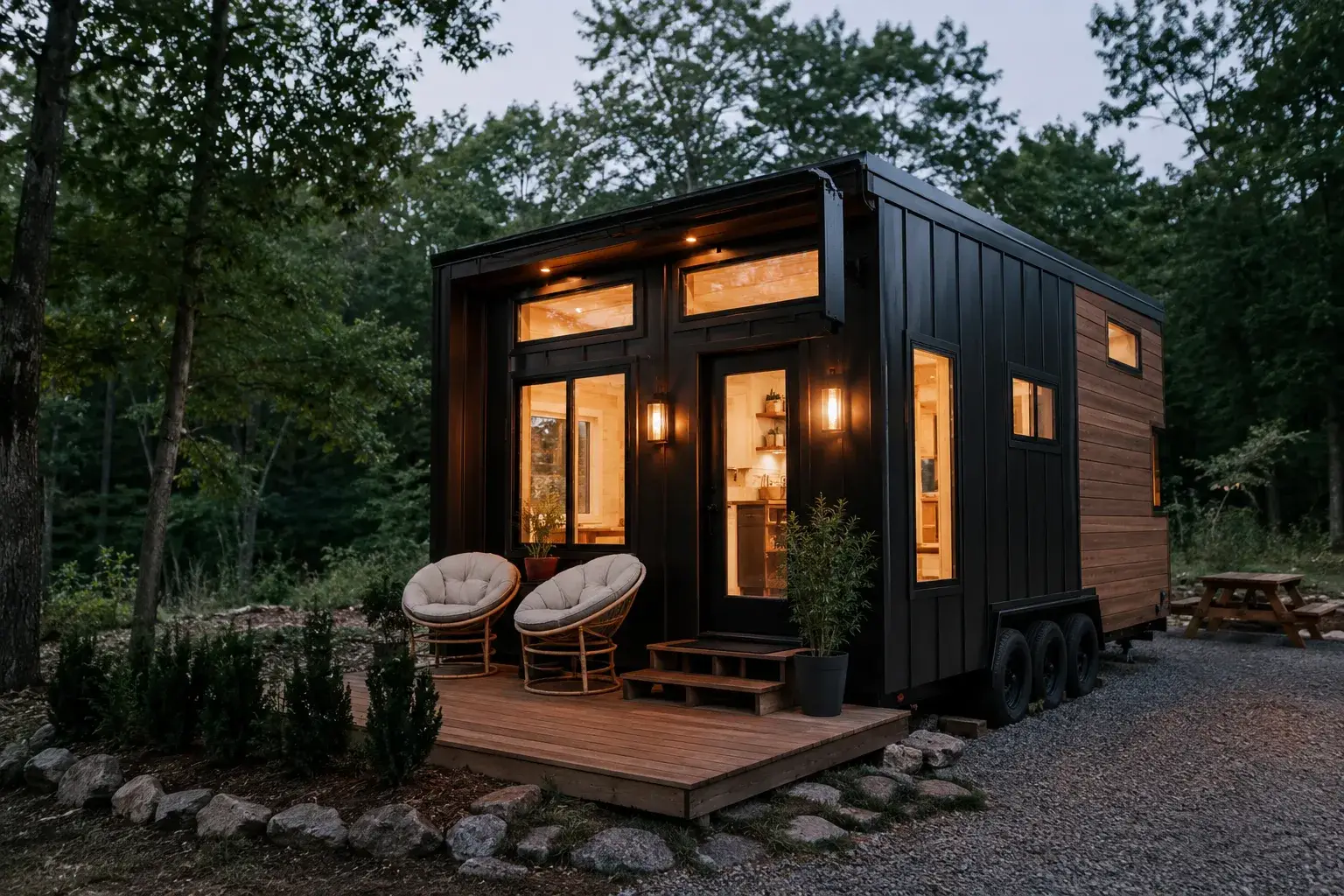 Eigenes Tiny House am Abend – Finanzierungsrate statt Dauermiete