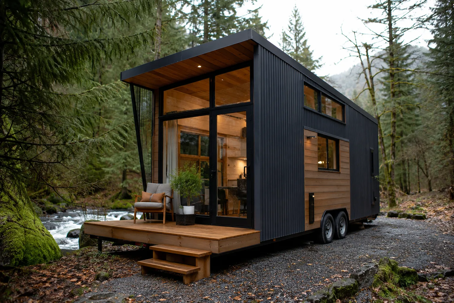 Kompaktes mobiles Tiny Haus Cabin One auf Trailer in Waldlage