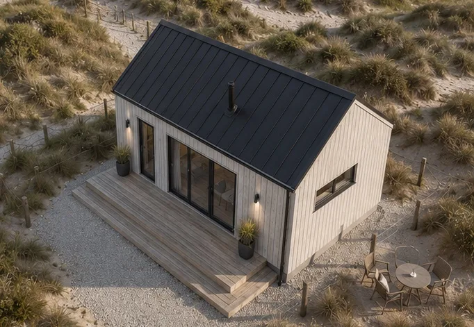 Tiny House mit Satteldach in Dünenlandschaft an der Küste, Dachansicht