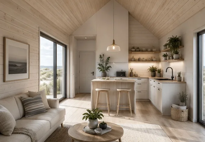 Helle skandinavische Innenansicht der Dune Lodge im Nordsee-Stil